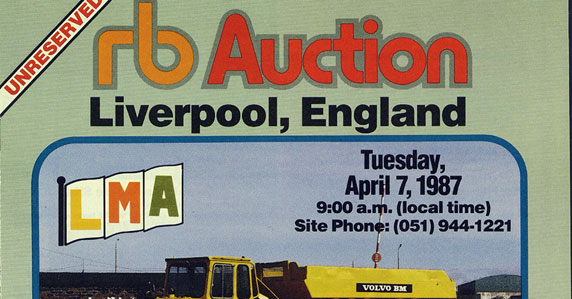 Ritchie Bros. brochure advertising Liverpool auction in 1987 Ritchie Bros. brochure advertising Liverpool auction in 1987